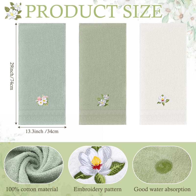 Tingjoo Magnolia Floral Hand Towels Farmhouse Green White Magnolia Bathroom Decor 14x29 Inch Embroidered Decorative Cute Summer Flowers Cotton Soft Absorbent Hand Towels for Bathroom Kitchen - Image 2