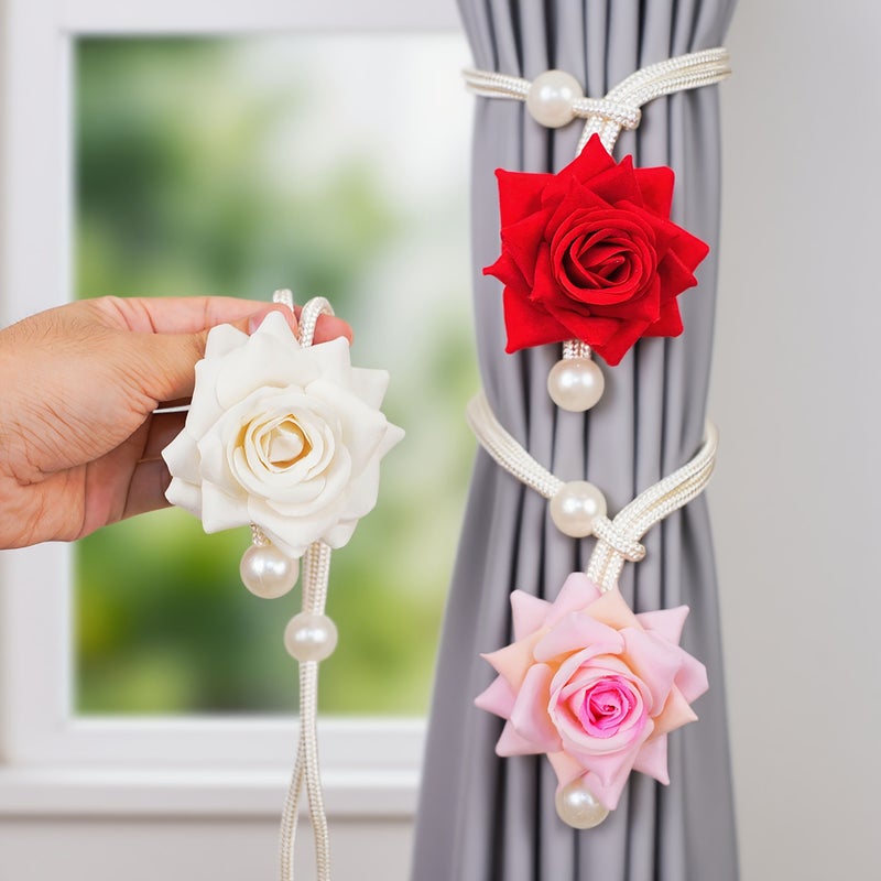 Red Floral Curtain Tiebacks 2pcs No Drilling Vintage Fabric Rose Rope for Bedroom Living Room - Image 2