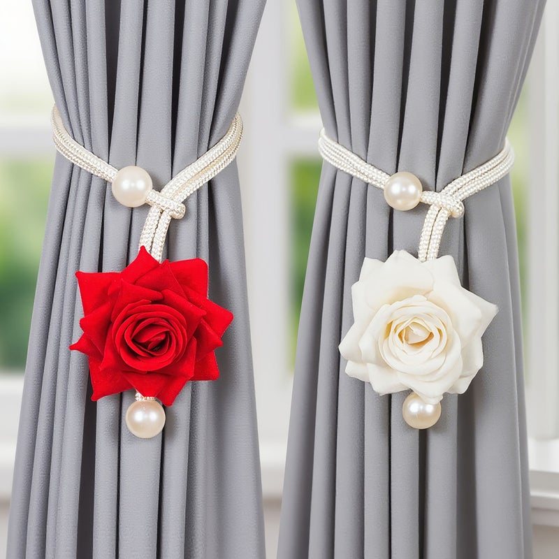 Red Floral Curtain Tiebacks 2pcs No Drilling Vintage Fabric Rose Rope for Bedroom Living Room - Image 1