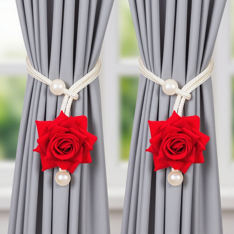 Red Floral Curtain Tiebacks 2pcs No Drilling Vintage Fabric Rose Rope for Bedroom Living Room - Image 5