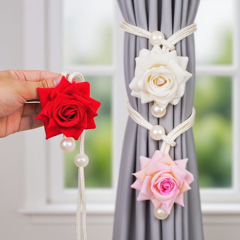 Red Floral Curtain Tiebacks 2pcs No Drilling Vintage Fabric Rose Rope for Bedroom Living Room - Image 4