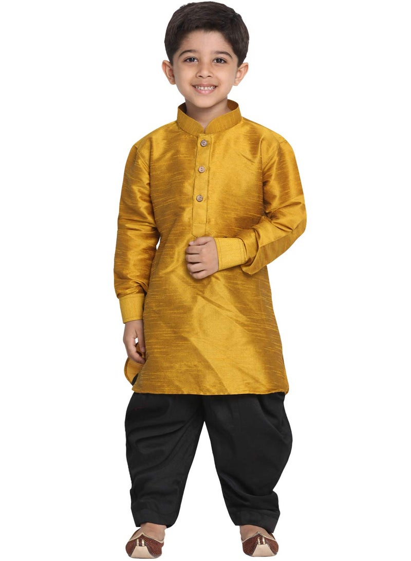 JBN Creation Vastramay Boy's Cotton Silk Blend Pathani Style Kurta and Patiyala Dhoti Set (Yellow, 5-6 Years, VASnBUK001MDnCDBL) - Image 1