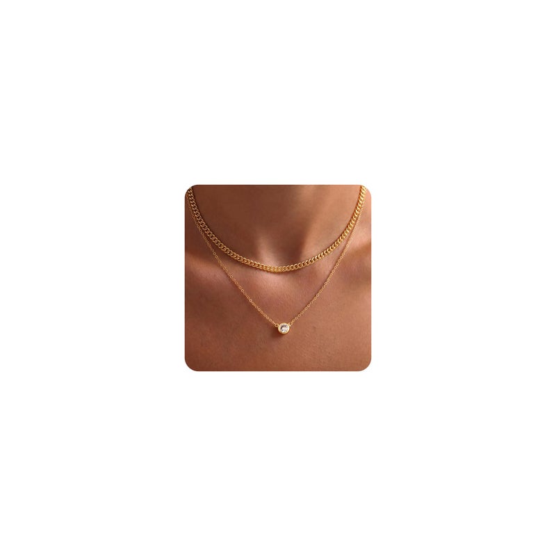 Tewiky Layered Cuban Cubic Zirconia Necklaces for Women, Dainty Solitaire Stacked Simple Trendy Layered Choker Necklaces Jewelry - Image 1