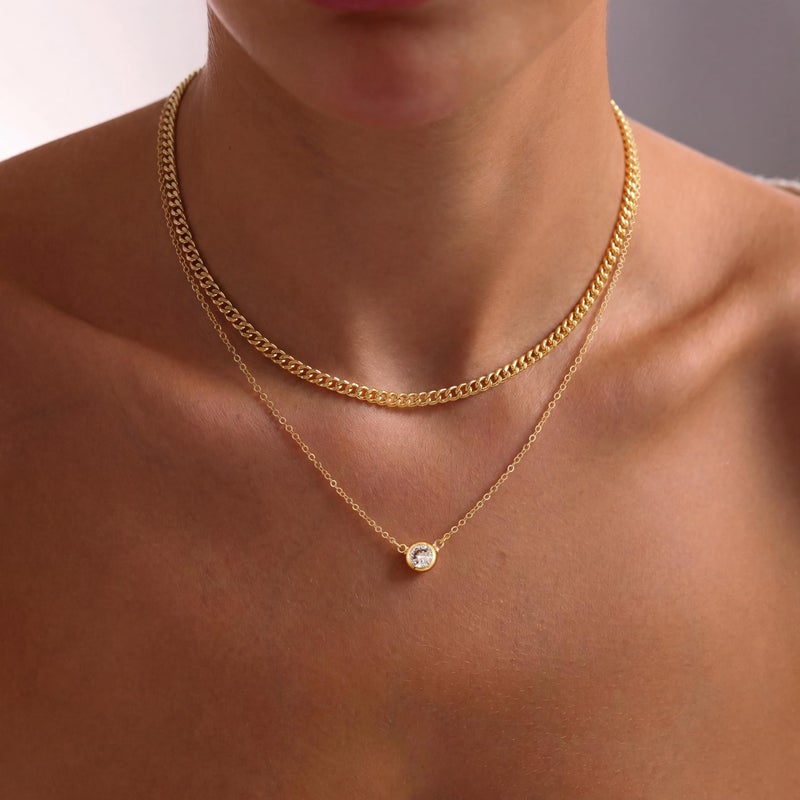 Tewiky Layered Cuban Cubic Zirconia Necklaces for Women, Dainty Solitaire Stacked Simple Trendy Layered Choker Necklaces Jewelry - Image 2