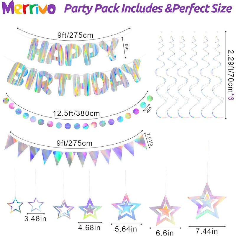 Merrivo Iridescent Birthday Decorations with Holographic Pre-Strung Happy Birthday Banner, Swirl Streamers, Pennant Flags & Dot Garland, Rainbow Birthday Party Decorations for Women Men Kids - Image 4