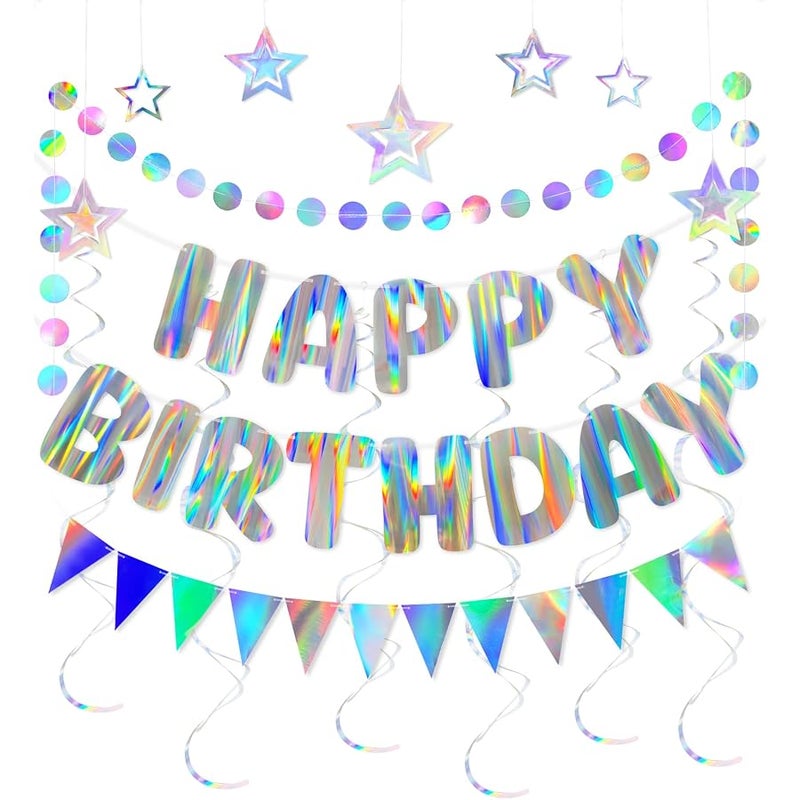 Merrivo Iridescent Birthday Decorations with Holographic Pre-Strung Happy Birthday Banner, Swirl Streamers, Pennant Flags & Dot Garland, Rainbow Birthday Party Decorations for Women Men Kids - Image 1