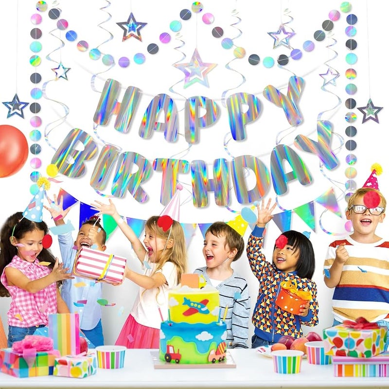 Merrivo Iridescent Birthday Decorations with Holographic Pre-Strung Happy Birthday Banner, Swirl Streamers, Pennant Flags & Dot Garland, Rainbow Birthday Party Decorations for Women Men Kids - Image 2