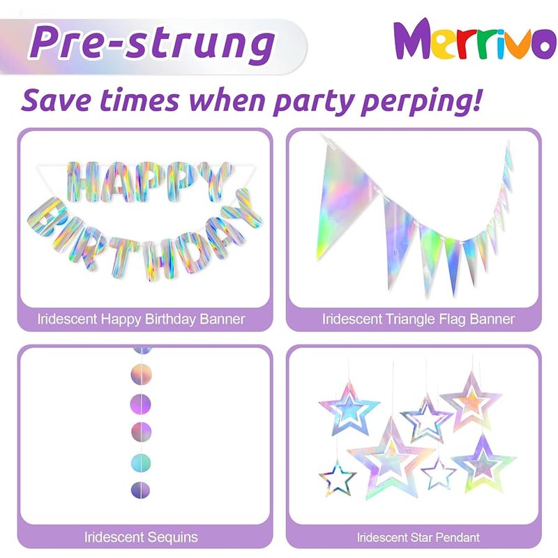 Merrivo Iridescent Birthday Decorations with Holographic Pre-Strung Happy Birthday Banner, Swirl Streamers, Pennant Flags & Dot Garland, Rainbow Birthday Party Decorations for Women Men Kids - Image 5