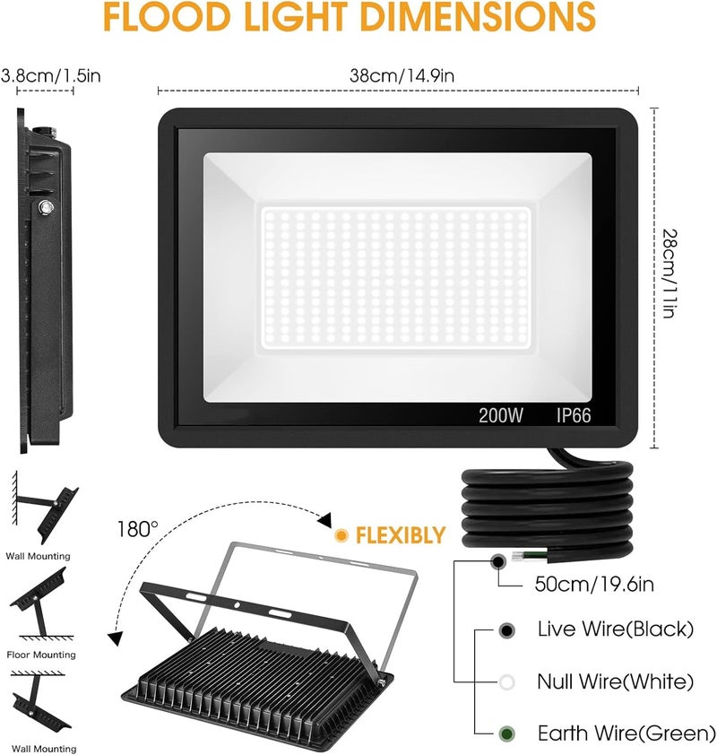 XYCN 200W LED Flood Light 2 Pack, 22500lm Super Bright Security Lights, IP66 Waterproof Outdoor Flood Light, 5000K Daylight White Floodlight for Yard, Garden,Basketball Court, Arena - Image 2