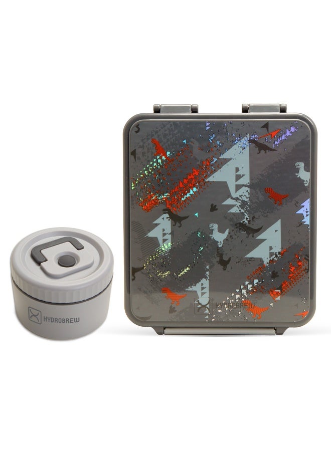 HYDROBREW صندوق غداء هيدروبرو Bento مع جرة طعام فولاذية - ديناصورات رمادي - Image 1