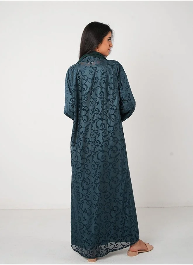 JAMEELA Olive green Full lace Open Abaya 3 pieces Set