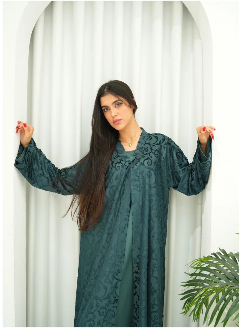 JAMEELA Olive green Full lace Open Abaya 3 pieces Set
