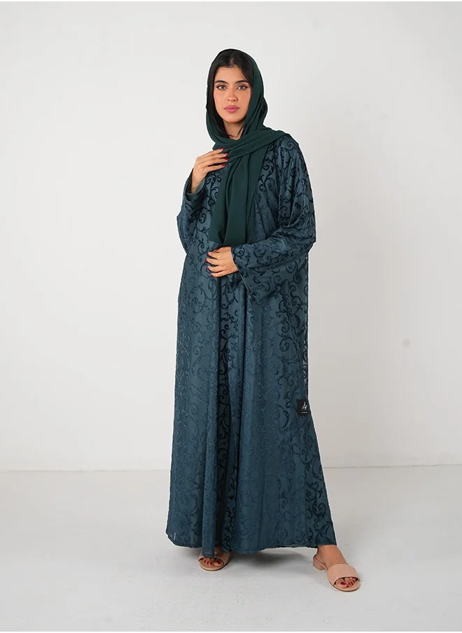 JAMEELA Olive green Full lace Open Abaya 3 pieces Set