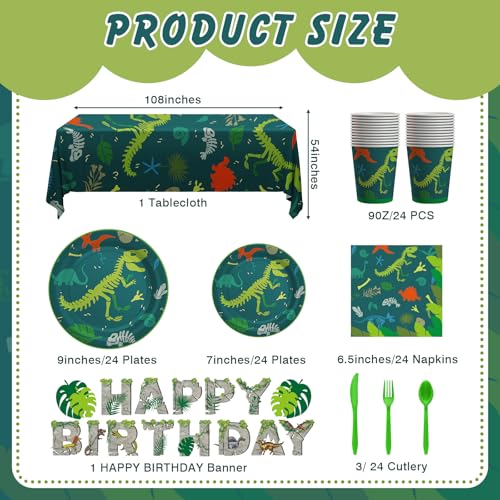 Cecnamt Dinosaur Birthday Decorations, 170 Pcs Dinosaur Party Supplies Including Banner, Plates, Cups, Napkins, Cutlery and Tablecloths, Serves 24 - Image 2