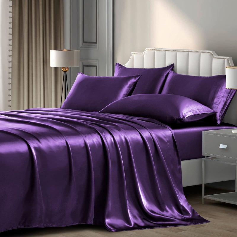 P Pothuiny 6 Pieces Queen Satin Sheets Luxury Purple Satin Bedding Sheet Set 1 Deep Pocket Fitted Sheet  1 Flat Sheet  4 Pillow Cases