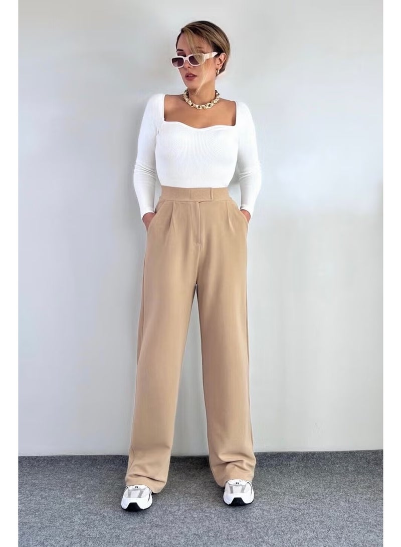 Ritnice Line Women's Lycra Velcro Beige Palazzo Trousers - Image 3