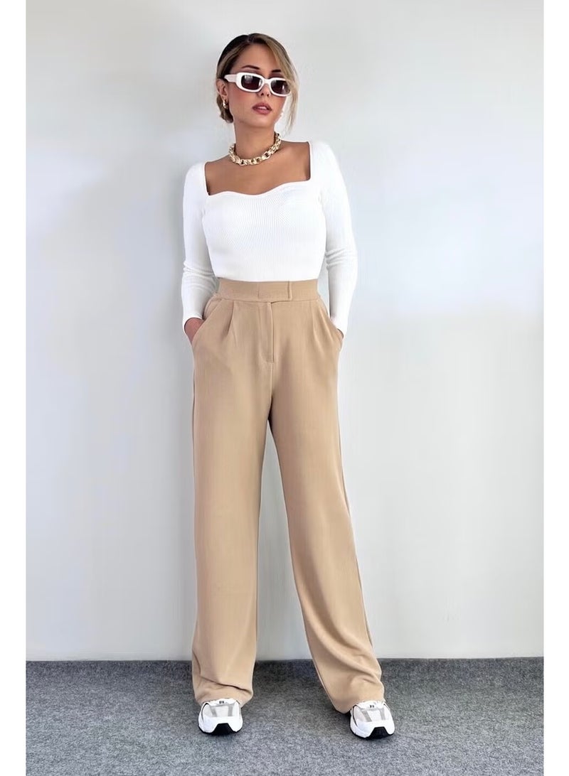 Ritnice Line Women's Lycra Velcro Beige Palazzo Trousers - Image 1