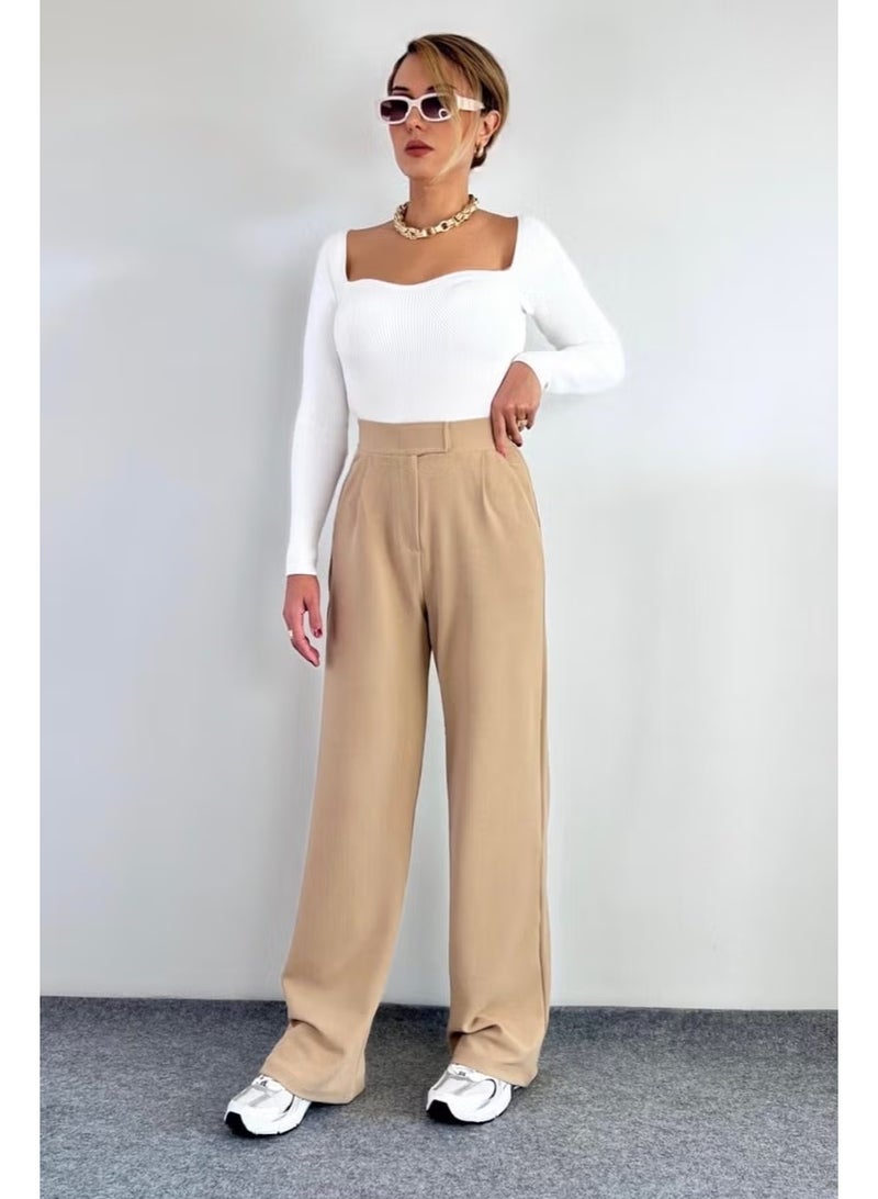 Ritnice Line Women's Lycra Velcro Beige Palazzo Trousers - Image 4