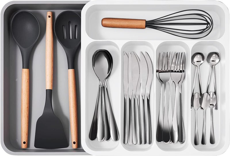 divinezon Five Grid Cutlery Organizer Expandable Kitchen Drawer and Utensil Holder Adjustable Large Kitchen Tool 345 x 525 x 5 CMPlasticWhite - Image 3