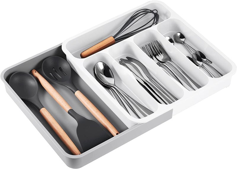 divinezon Five Grid Cutlery Organizer Expandable Kitchen Drawer and Utensil Holder Adjustable Large Kitchen Tool 345 x 525 x 5 CMPlasticWhite - Image 1