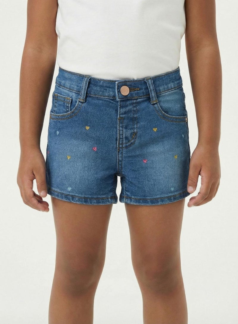 babyqlo Girls Heart Print Adjustable Waist Denim Shorts - Image 1