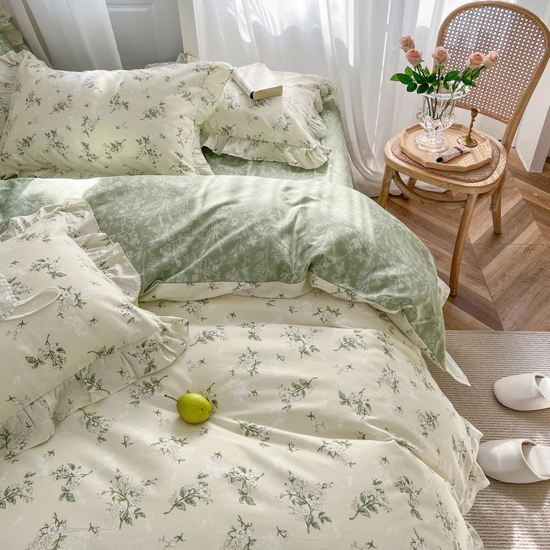 MKXI Full Size Beige  Green Floral Comforter Set  3 Piece Ruffled Lace Bedding Set with Reversible Design Soft Aesthetic Cottagecore Style Green Leaf Comforter for Girls Women and Teens