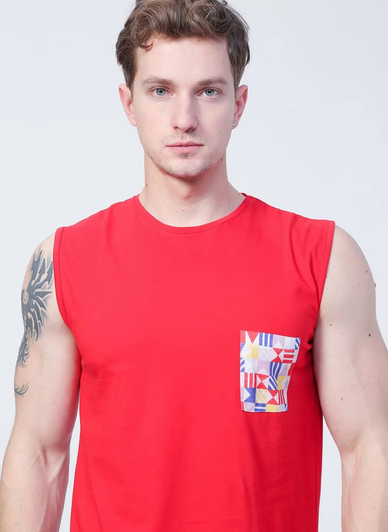 باد بير 22.01.23.001_Flag Tank-Top Straight Collar Regular Fit Plain Red Men's Undershirt