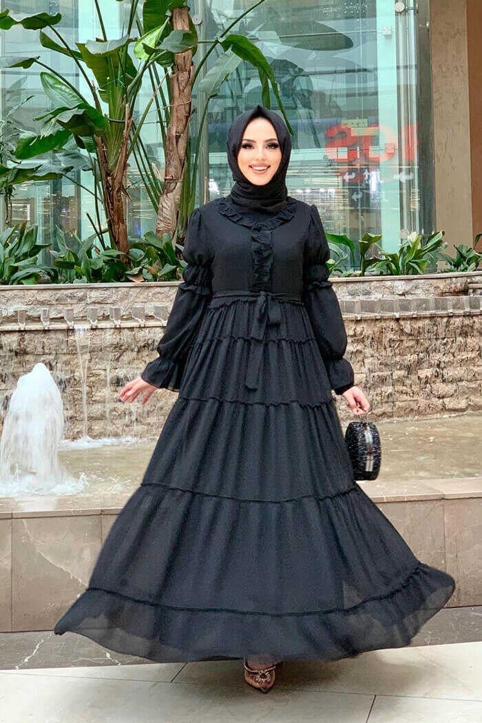 Bym Fashion Bym Layered Look Waist Belted Ruffle Dress 3495 Black - Image 1