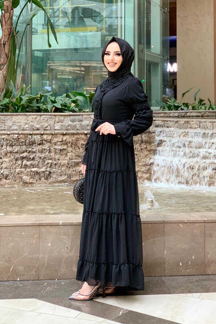 Bym Fashion Bym Layered Look Waist Belted Ruffle Dress 3495 Black - Image 2