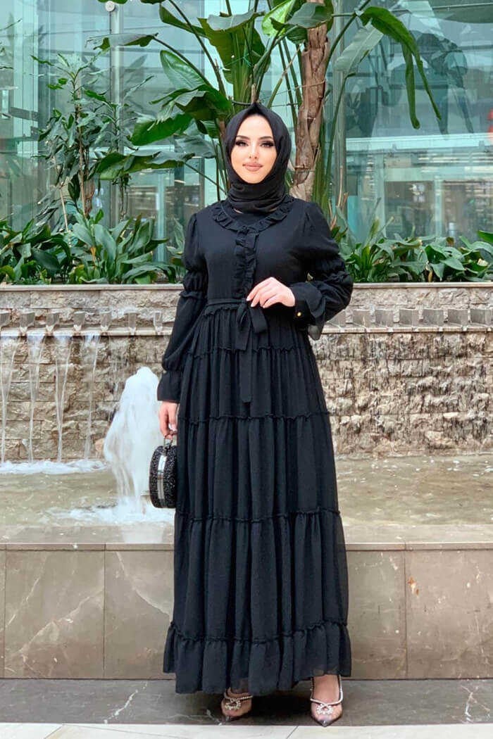 Bym Fashion Bym Layered Look Waist Belted Ruffle Dress 3495 Black - Image 4