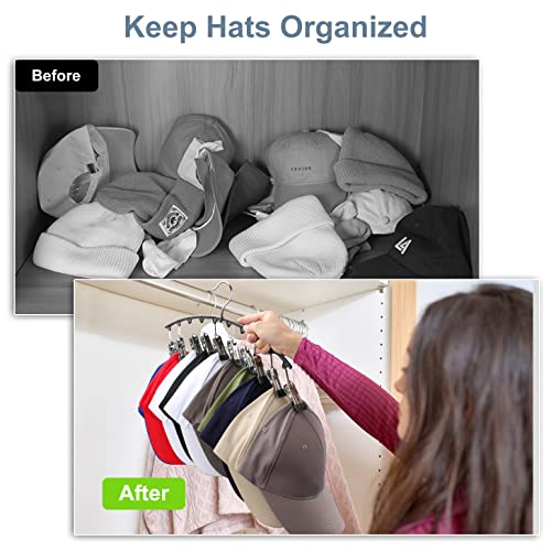 Yecuip Hat Hangers for Closet, Metal Hats Organizer Racks for Base Ball Caps 2 Pack Door Hats Racks for Baseball Cap with 10 Large Clips, Baseball Hat Holder for Closet Storage, Fits All Cap-Black - Image 4