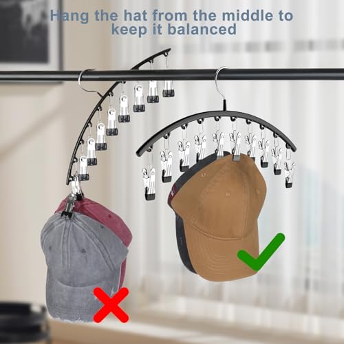 Yecuip Hat Hangers for Closet, Metal Hats Organizer Racks for Base Ball Caps 2 Pack Door Hats Racks for Baseball Cap with 10 Large Clips, Baseball Hat Holder for Closet Storage, Fits All Cap-Black - Image 3