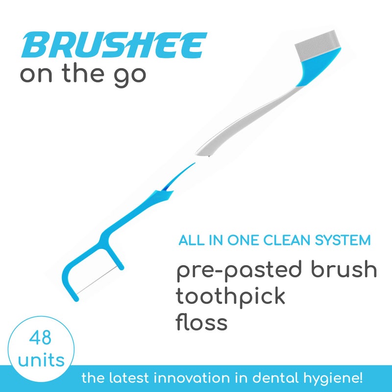 Brushee - The Evolution of Oral Care | 4-in-1 Tool (Paste + Brush + Floss + Pick) | Individually Wrapped | Disposable | Prepasted Travel Toothbrushes | Small Adult Toothbrush - (48-Pack) - Image 3