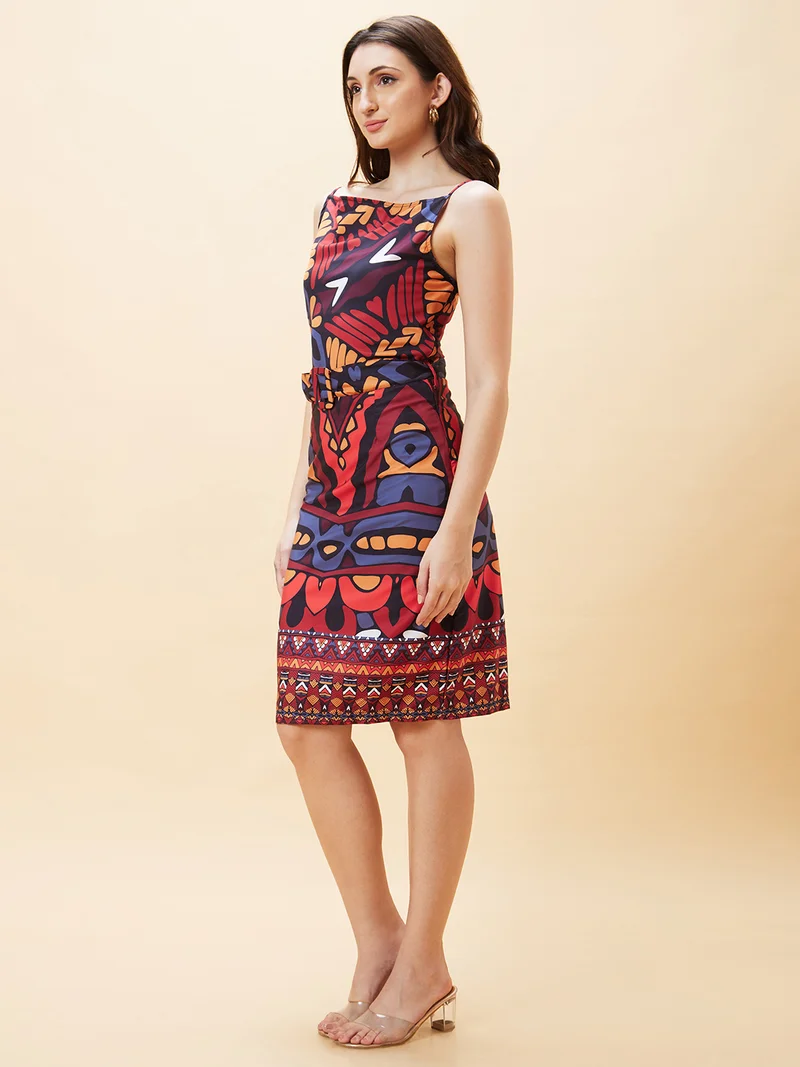 globus Women Abstract Cowl Neck A-Line Dress