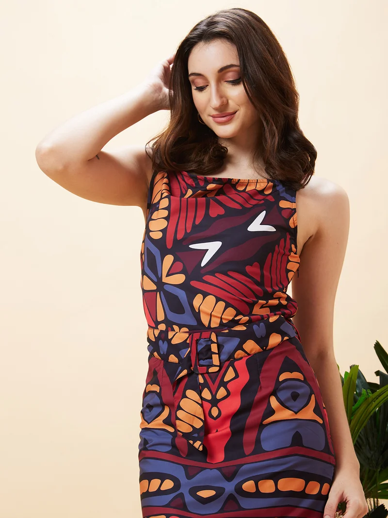 جلو باص فستان جلابيه نسائي جلوبس بياقة ملتفة وطبعات تجريدية