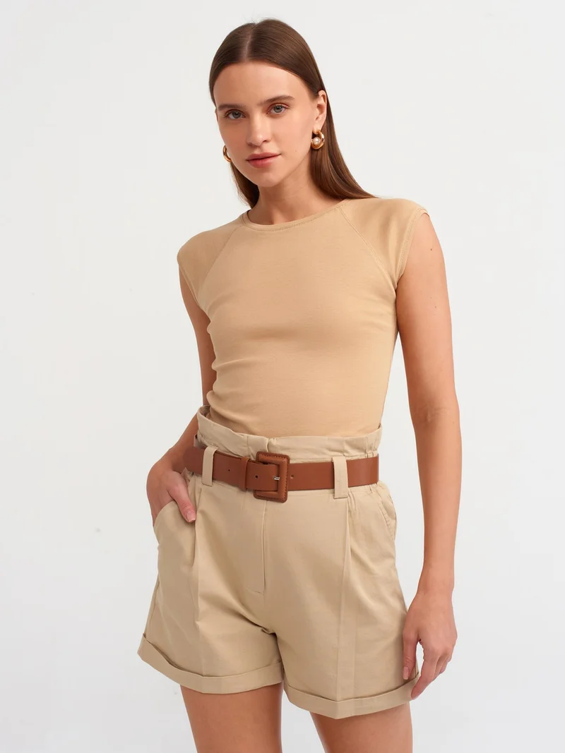 ديلفين 71298 Elastic Waist Belted Shorts-Camel