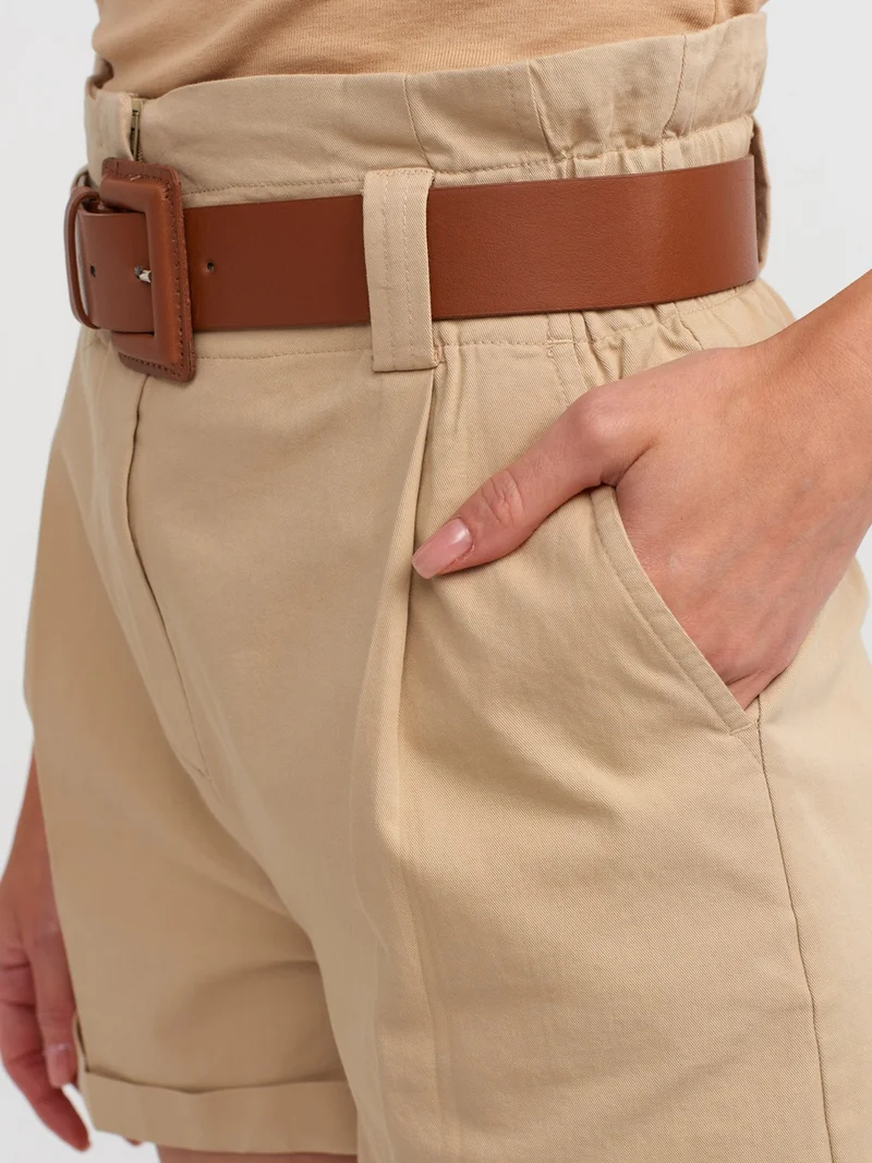ديلفين 71298 Elastic Waist Belted Shorts-Camel