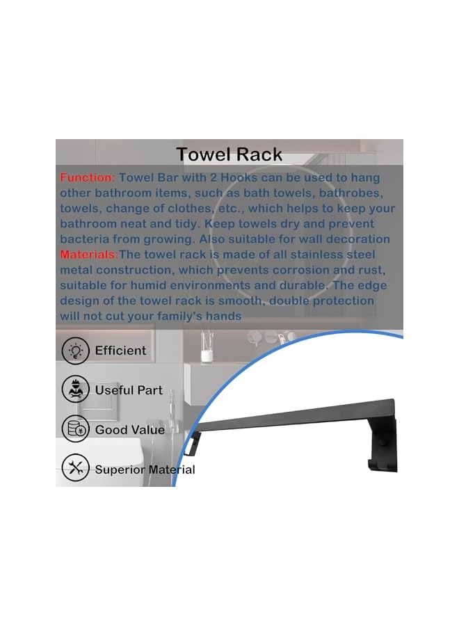 promass Square Towel Rack with 2 Hooks,Towel Bar Wall Mounted Fixer,304 Stainless Steel,Fit for Bathroom and Kitchen Wall (Black) - Image 2