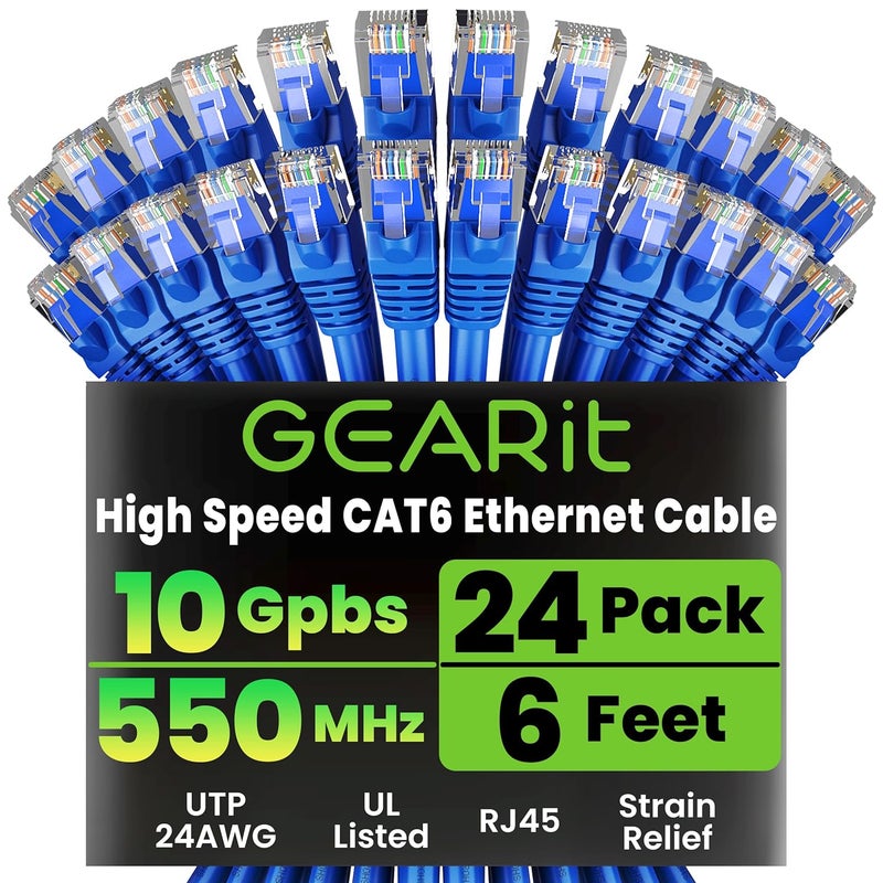 GearIT Cat 6 Ethernet Cable Pack - 24-Pack 6 ft Cat6 Ethernet Patch Cables | RJ45 Network Patch Cable, 10 Gbps Snagless Gold-Plated Connectors - Ethernet Cable Cat 6 for PC, TV, Router - Blue - Image 1