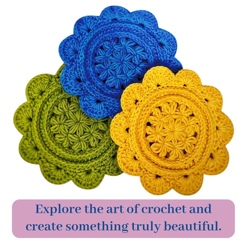 picknMAKE 6 Pcs Floral Whisper Crochet Coaster DIY Coaster Kit for Beginners, Crochet Yarn Full, Multicolor Decorative Flower Coasters Craft Kit with All Material Included - Image 4