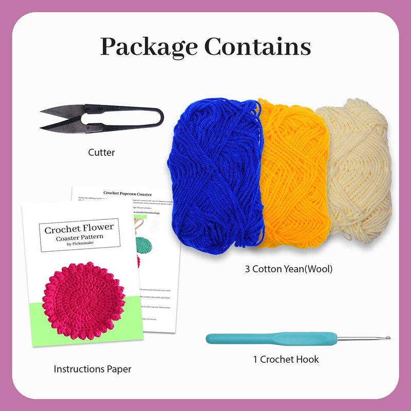 picknMAKE 6 Pcs Floral Whisper Crochet Coaster DIY Coaster Kit for Beginners, Crochet Yarn Full, Multicolor Decorative Flower Coasters Craft Kit with All Material Included - Image 2