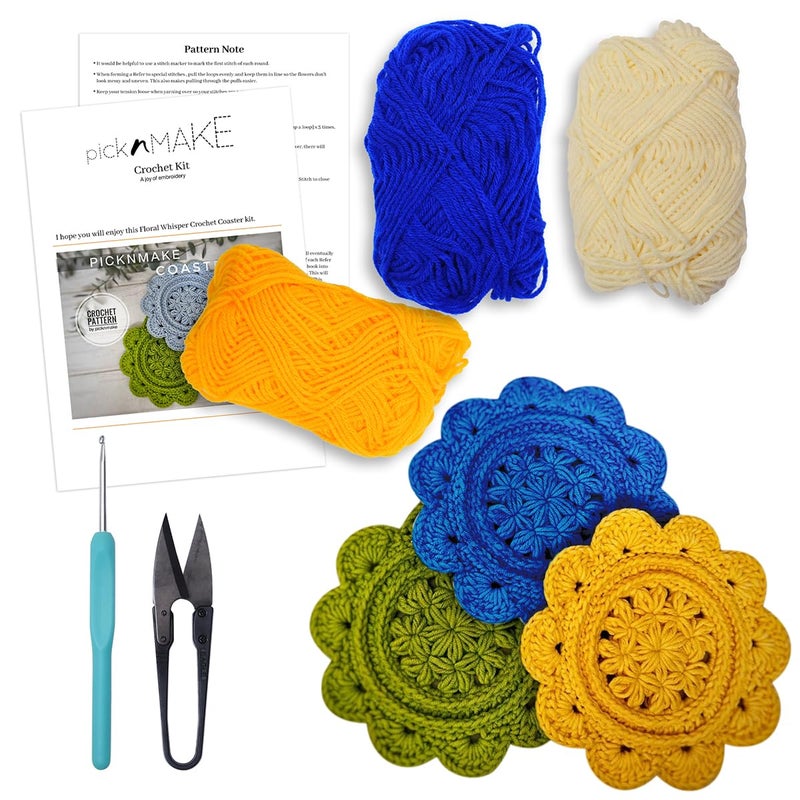 picknMAKE 6 Pcs Floral Whisper Crochet Coaster DIY Coaster Kit for Beginners, Crochet Yarn Full, Multicolor Decorative Flower Coasters Craft Kit with All Material Included - Image 1