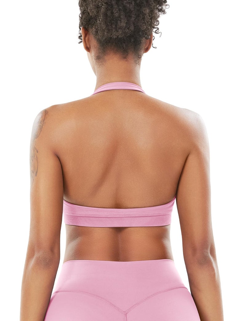 VOYJOY Women Workout Impact Bras Medium Low Support Halter Sports Bras Seamless Open Back Gym Padded Yoga Crop Top Pink L - Image 5