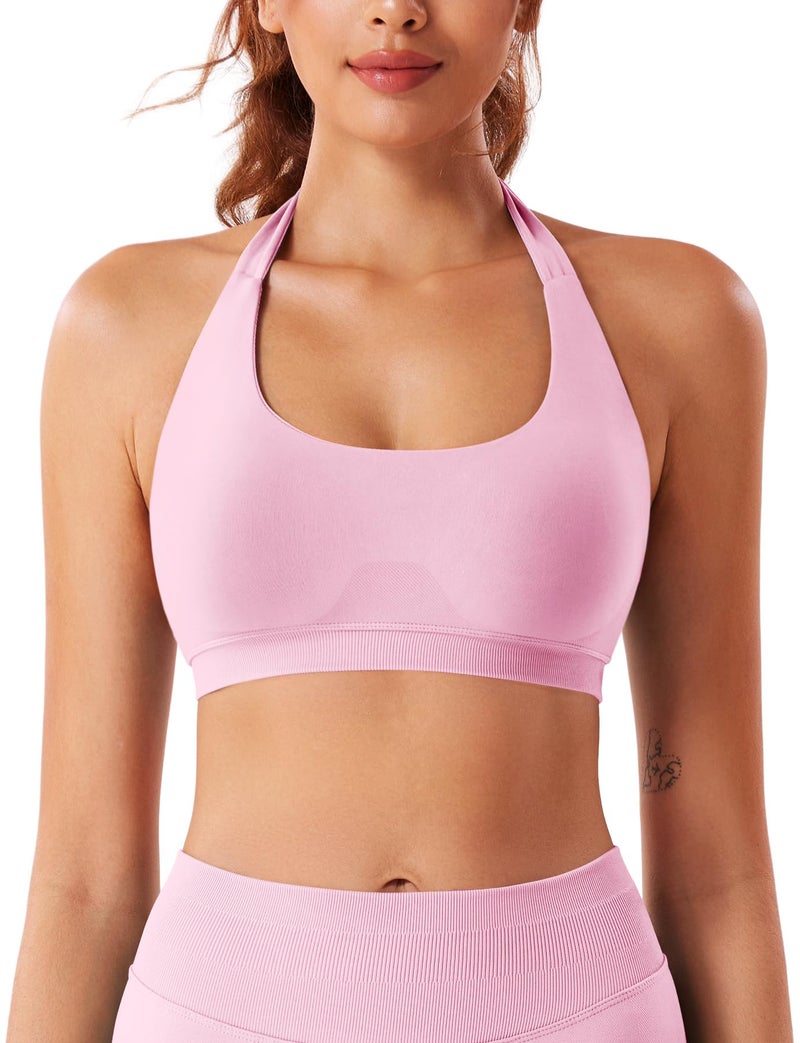 VOYJOY Women Workout Impact Bras Medium Low Support Halter Sports Bras Seamless Open Back Gym Padded Yoga Crop Top Pink L - Image 4