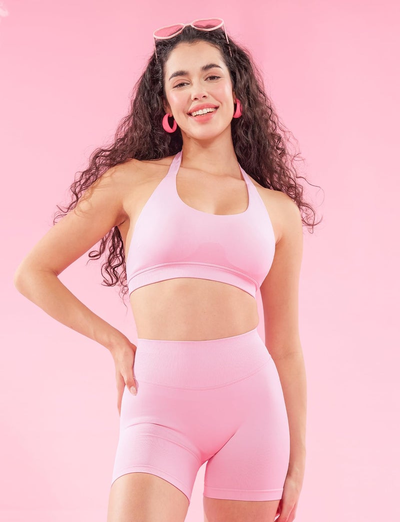 VOYJOY Women Workout Impact Bras Medium Low Support Halter Sports Bras Seamless Open Back Gym Padded Yoga Crop Top Pink L - Image 2