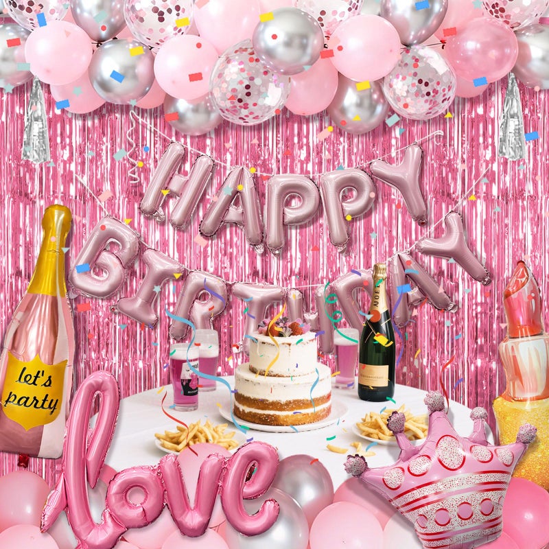 K.E.J. Pink Birthday Party Decorations Set for Women,Happy Birthday Letter Balloon Banner,Foil Balloons,Crown Balloon,Confetti Balloons and Fringe Curtain for Happy Birthday Party Supplies - Image 1