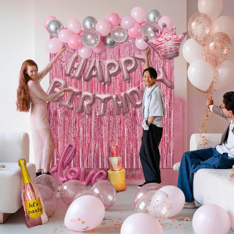 K.E.J. Pink Birthday Party Decorations Set for Women,Happy Birthday Letter Balloon Banner,Foil Balloons,Crown Balloon,Confetti Balloons and Fringe Curtain for Happy Birthday Party Supplies - Image 5
