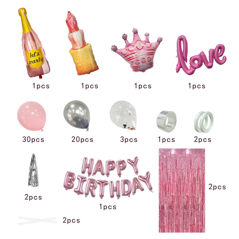 K.E.J. Pink Birthday Party Decorations Set for Women,Happy Birthday Letter Balloon Banner,Foil Balloons,Crown Balloon,Confetti Balloons and Fringe Curtain for Happy Birthday Party Supplies - Image 3