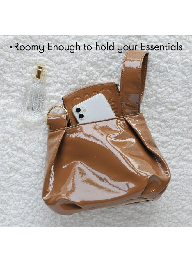 Hoxis Women'S Glossy Clutch Patent Vegan Leather Hobo Top Handle Bag Small Tote (Brown) - Image 4