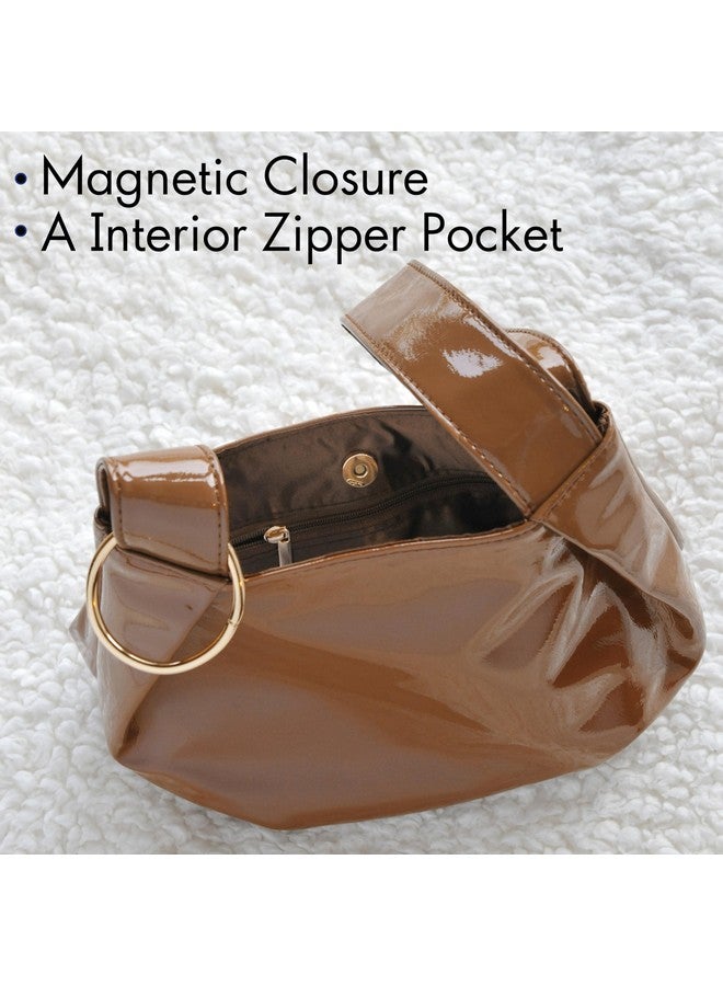 Hoxis Women'S Glossy Clutch Patent Vegan Leather Hobo Top Handle Bag Small Tote (Brown) - Image 5